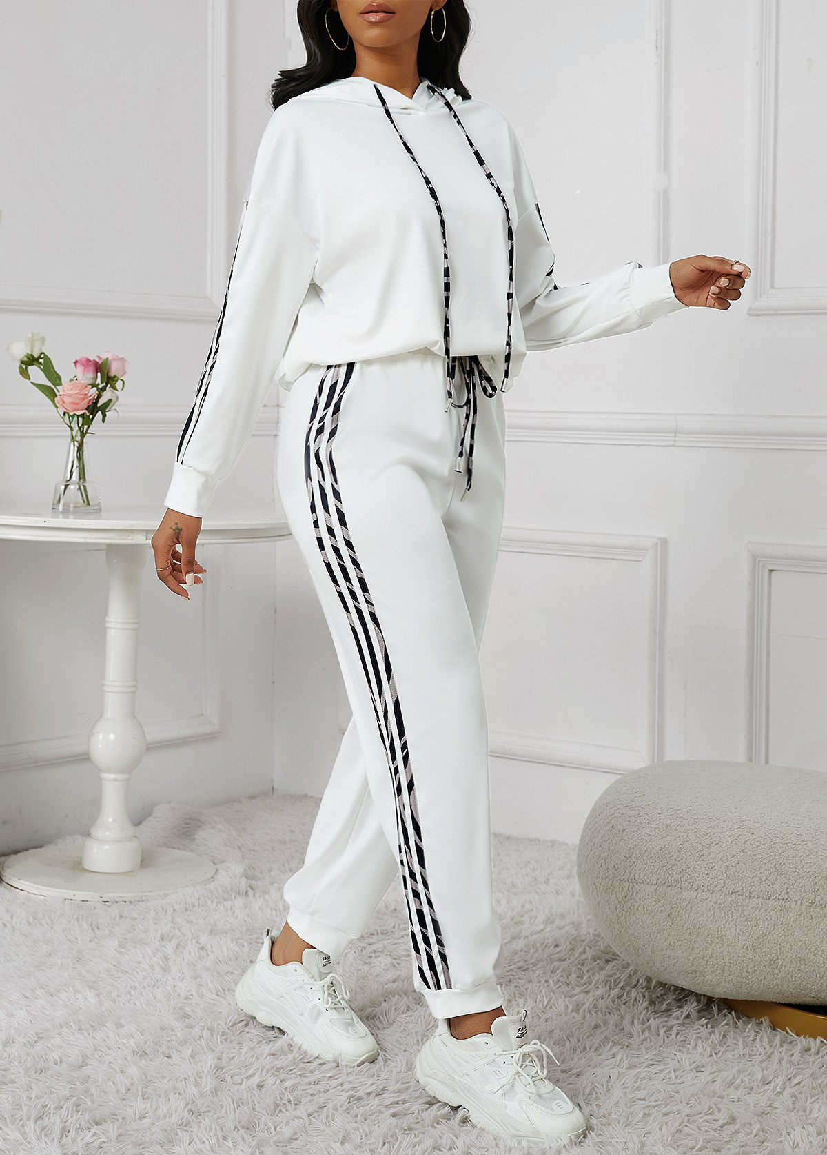 Patchwork White Ankle Length Hooded Jogger Top and Pants