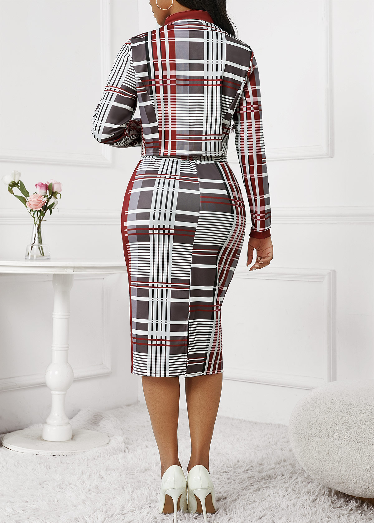 Plaid Split Deep Red Bodycon Top and Skirt