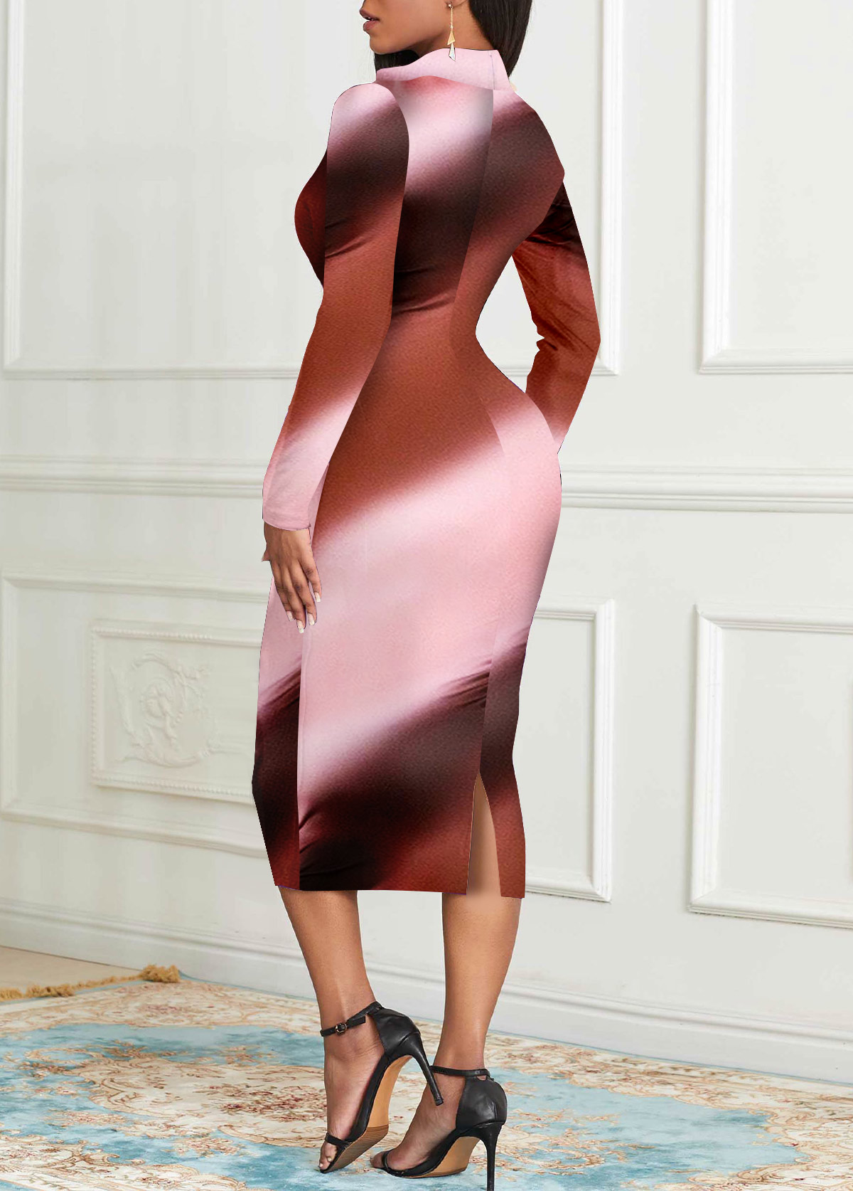 Ombre Zipper Pink Long Sleeve Stand Collar Bodycon Dress