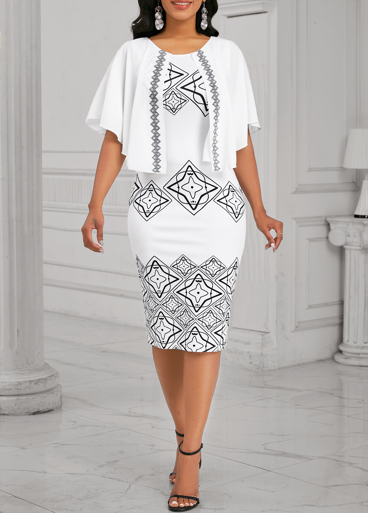 Geometric Print Fake 2in1 White Short Sleeve Bodycon Dress | Rosewe.com ...
