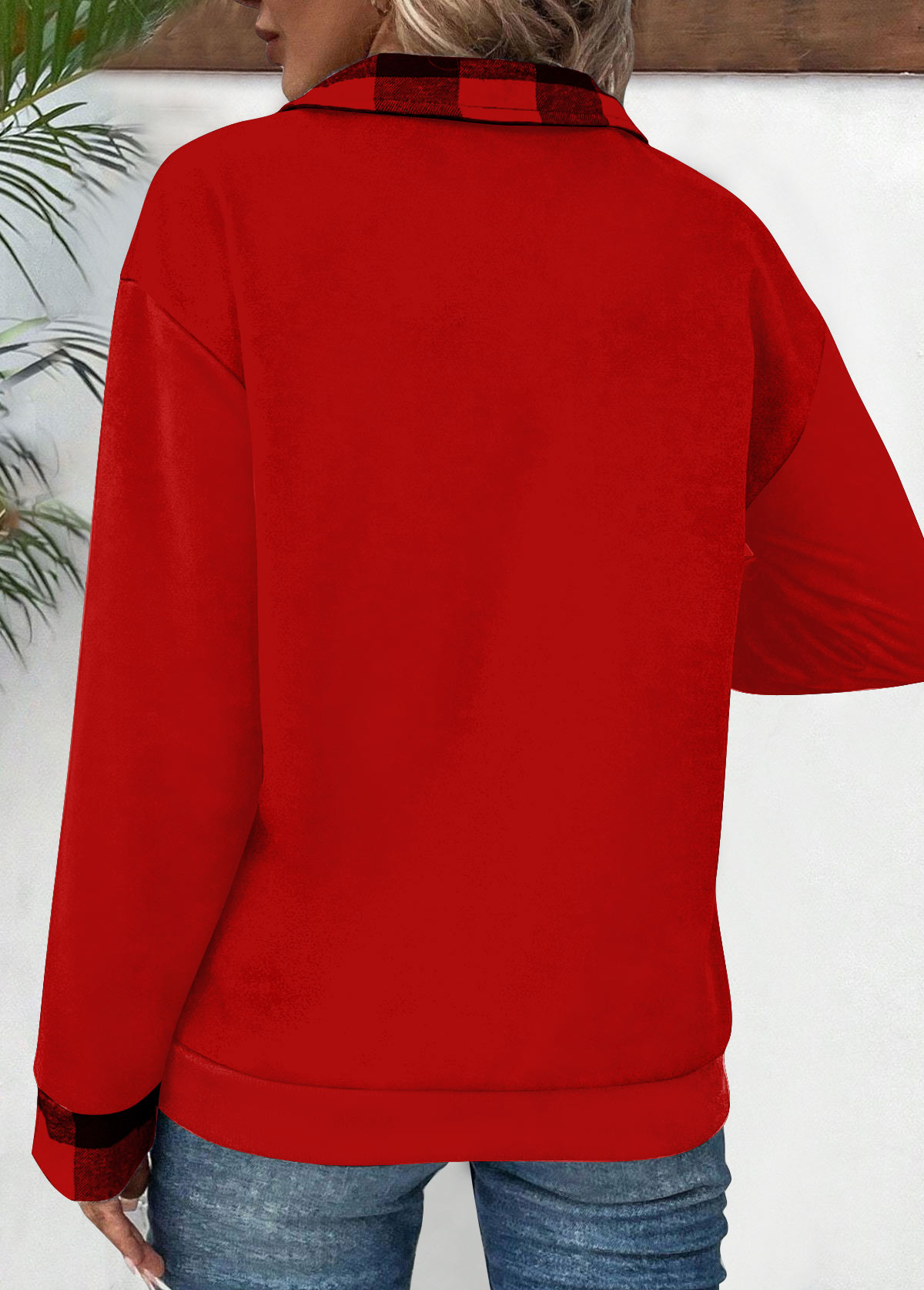 Plaid Patchwork Red Long Sleeve Turn Down Collar Sweatshirt