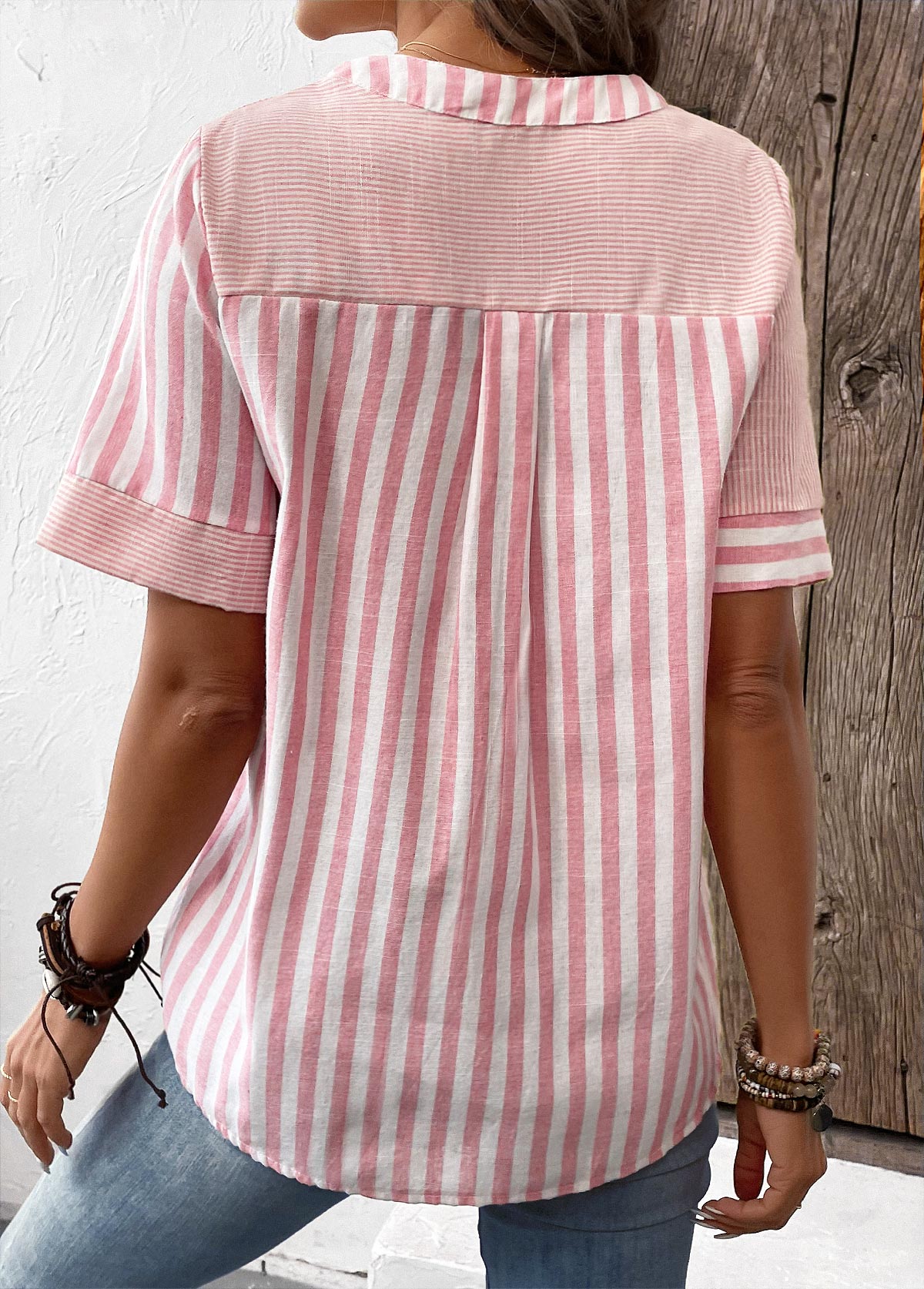 Striped Patchwork Pink Short Sleeve Split Neck Blouse