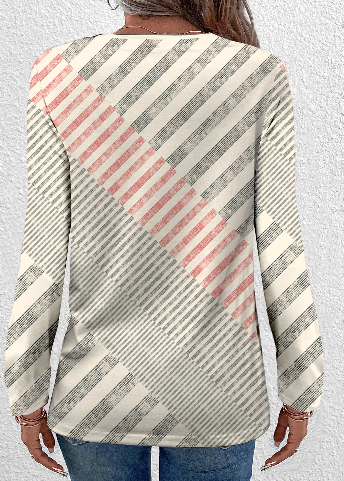 Geometric Print Patchwork Beige Long Sleeve T Shirt