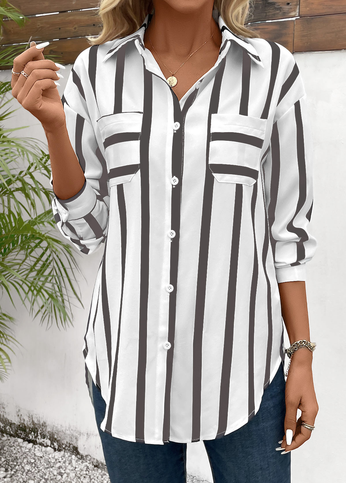 Striped Pocket Light Coffee Long Sleeve Shirt Collar Blouse