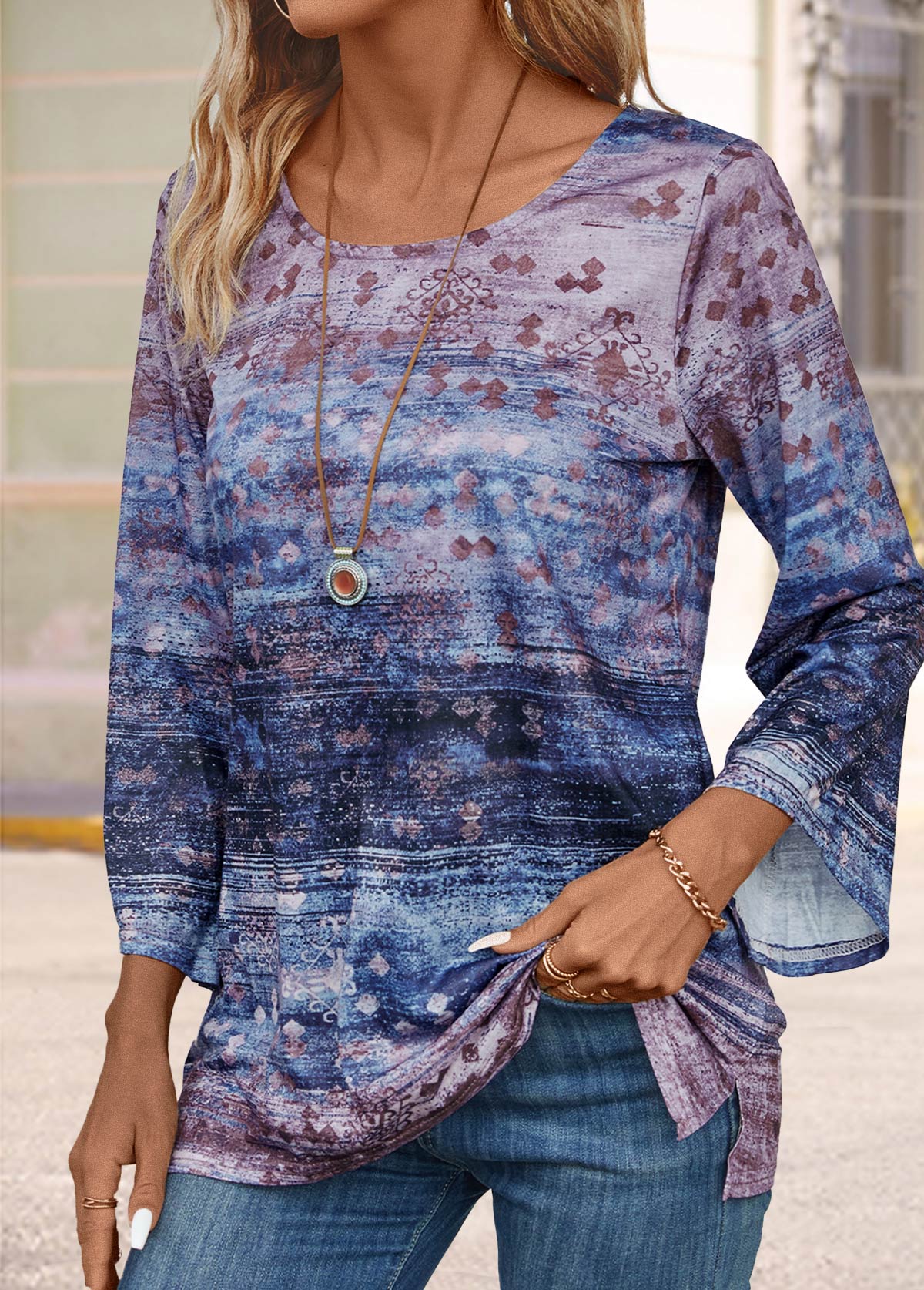 Ombre Multi Color Long Sleeve Round Neck T Shirt