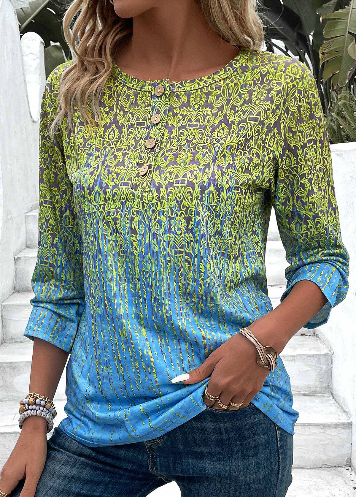 Ombre Button Blue 3/4 Sleeve Round Neck T Shirt