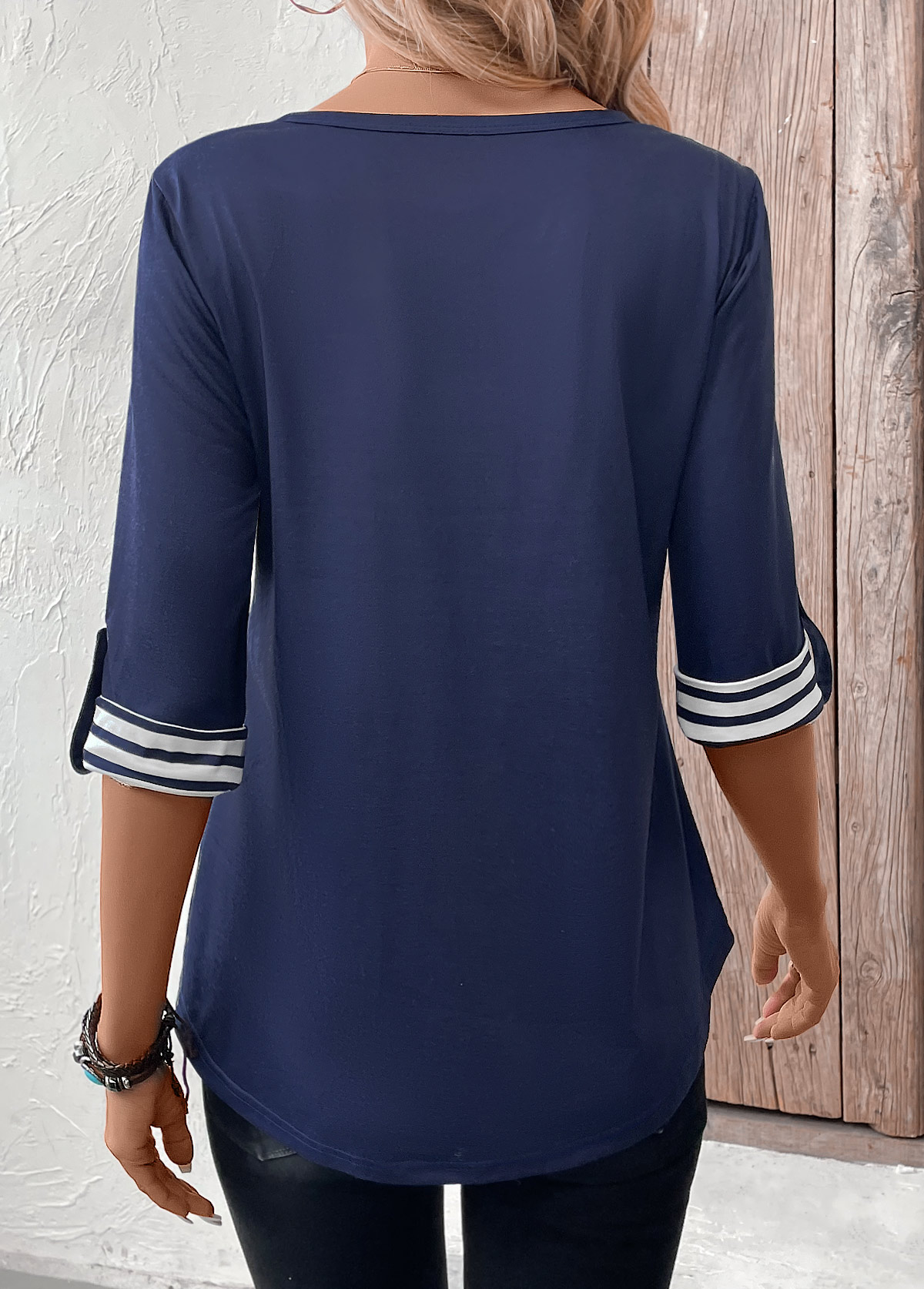 Striped Button Navy 3/4 Sleeve Split Neck T Shirt