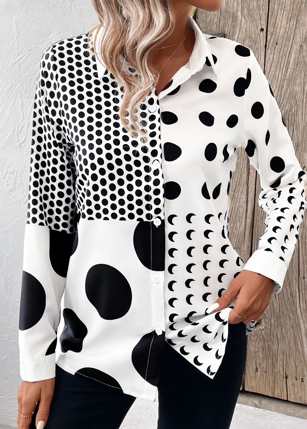 Polka Dot Button White Long Sleeve Shirt Collar Blouse