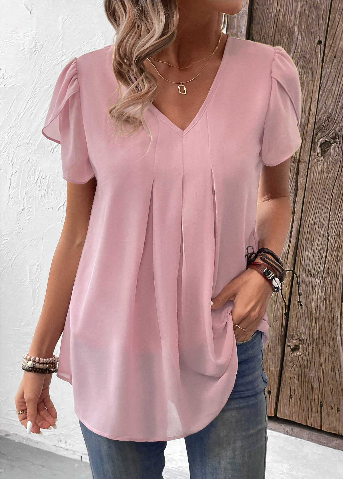 Ruched Dusty Pink Short Sleeve V Neck Blouse