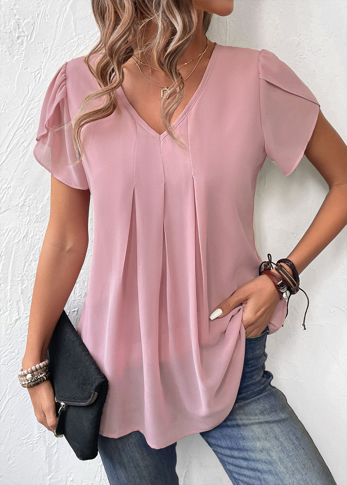 Ruched Dusty Pink Short Sleeve V Neck Blouse