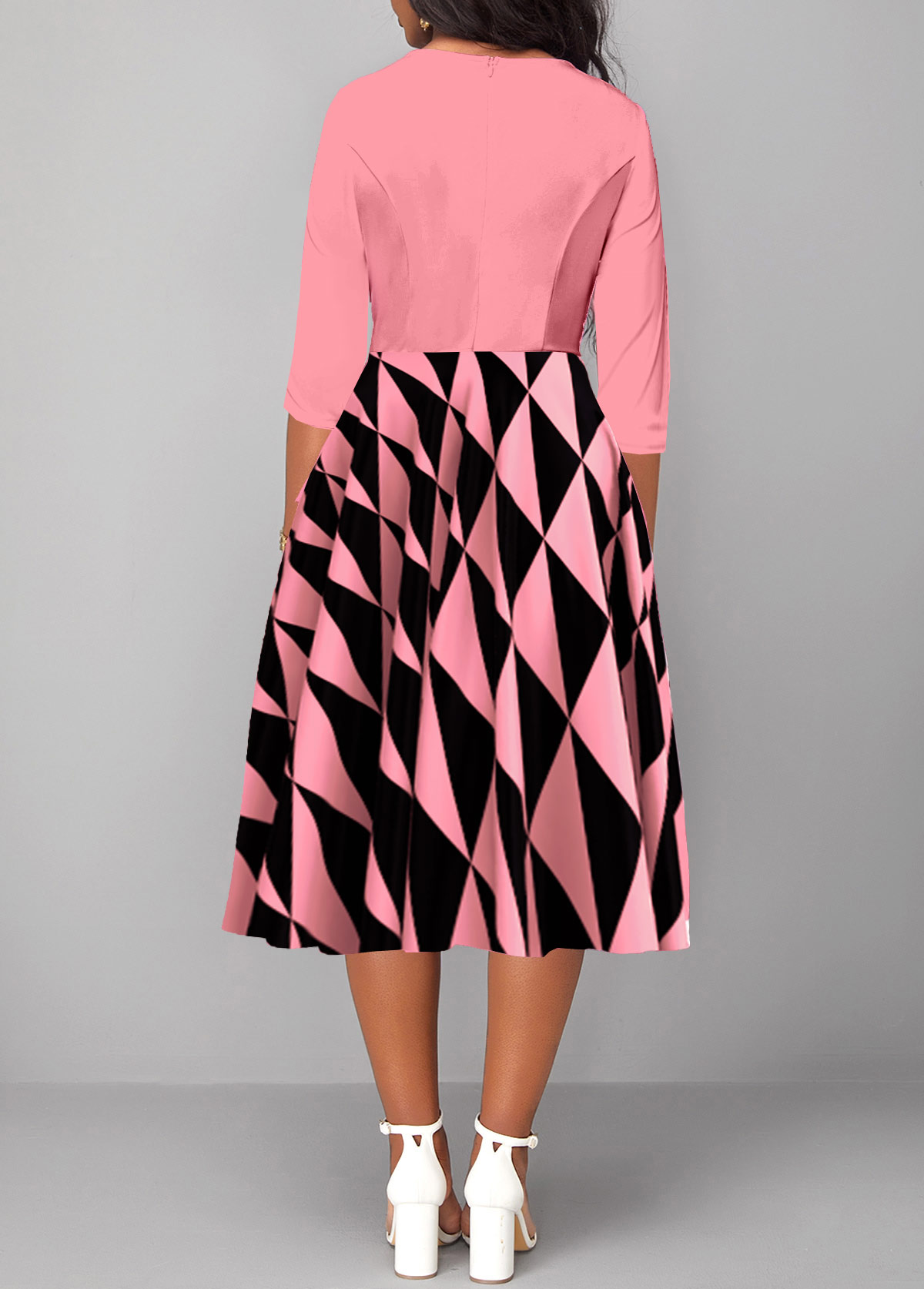 Geometric Print Twist Black Three Quarter Length Sleeve Dress