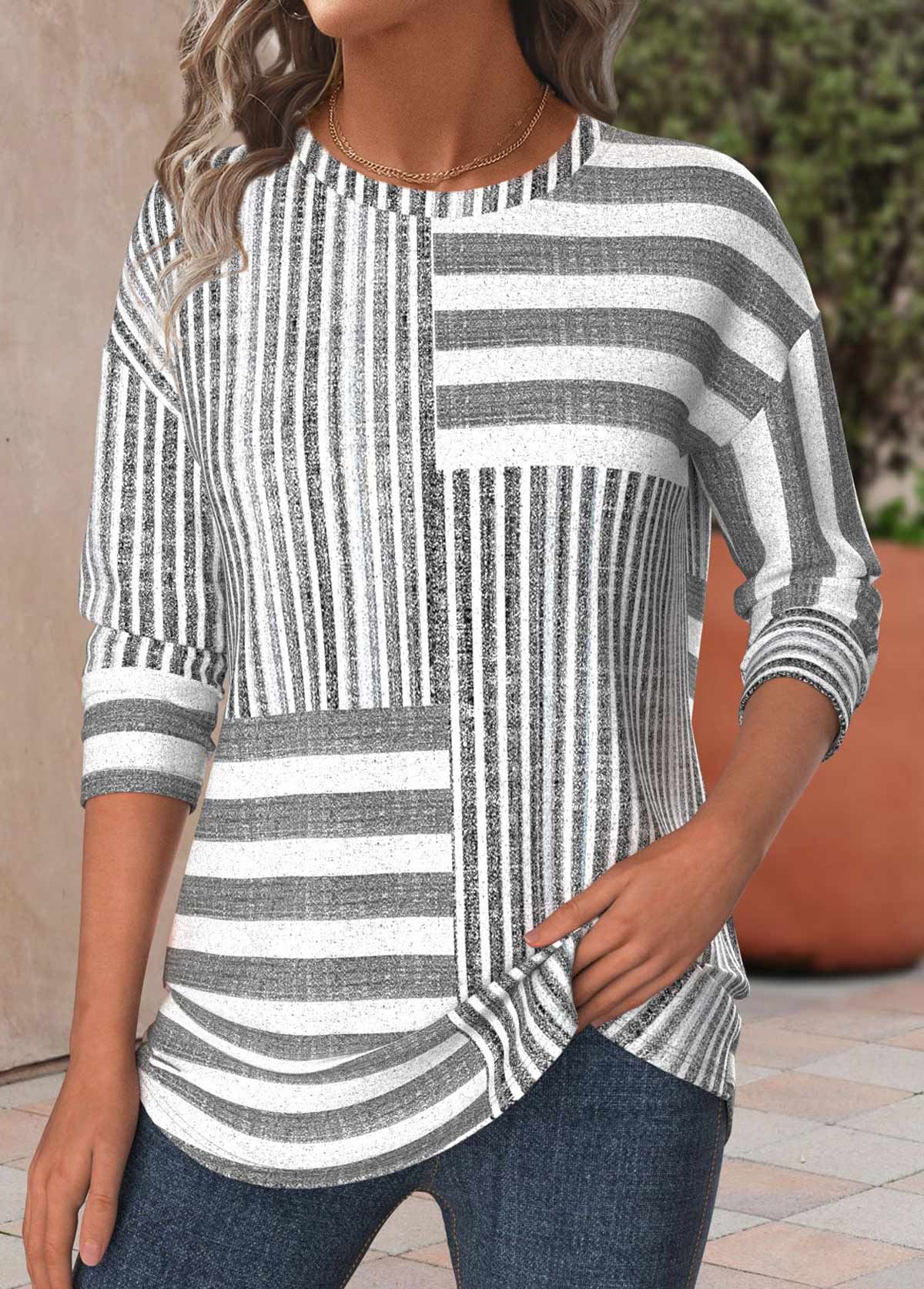 Striped Light Grey Marl Long Sleeve T Shirt