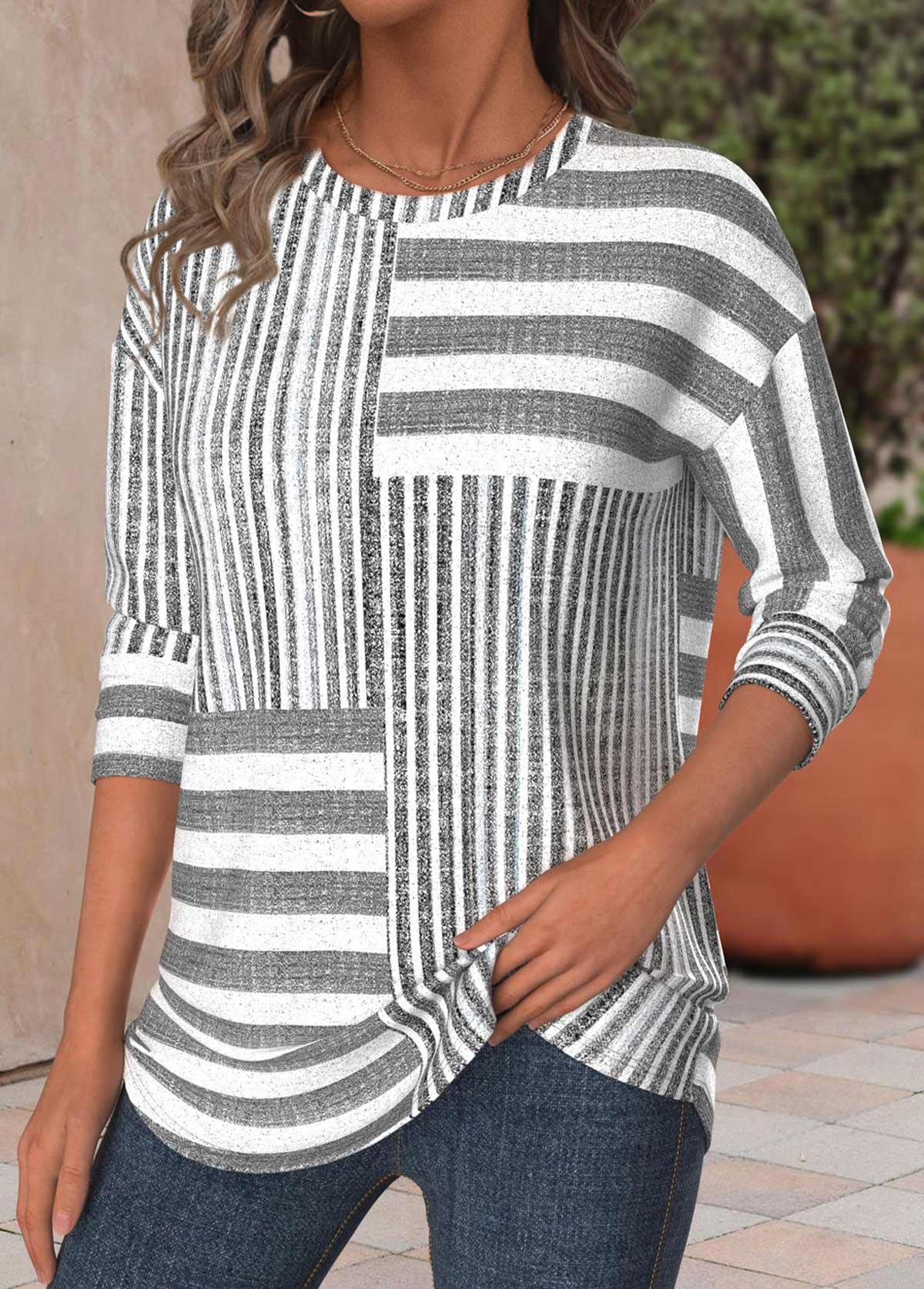 Striped Light Grey Marl Long Sleeve T Shirt