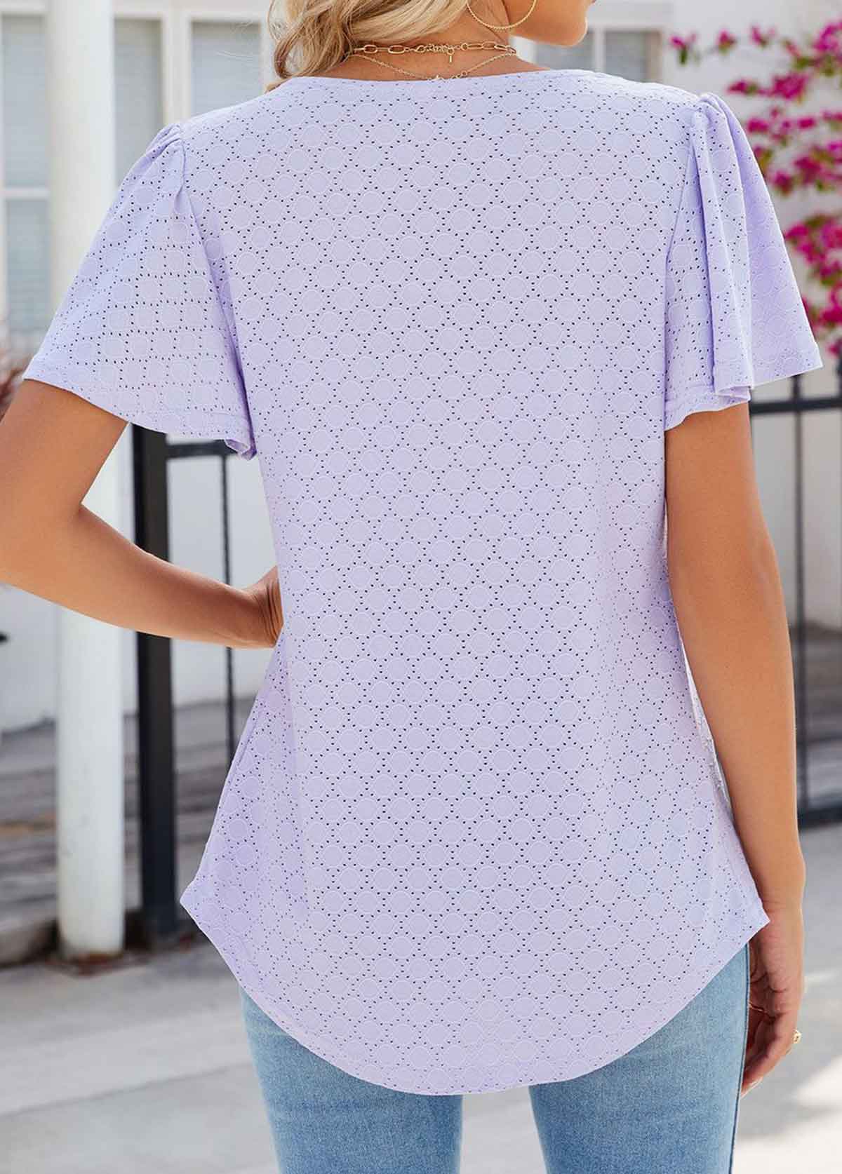Hole Light Purple Short Sleeve Square Neck T Shirt