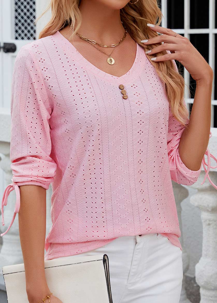 Button Pink Long Sleeve V Neck T Shirt