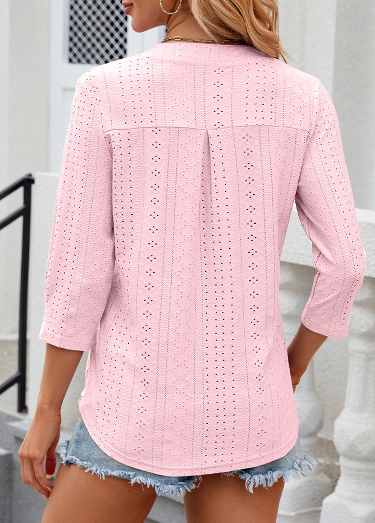 Button Light Pink 3/4 Sleeve Split Neck T Shirt