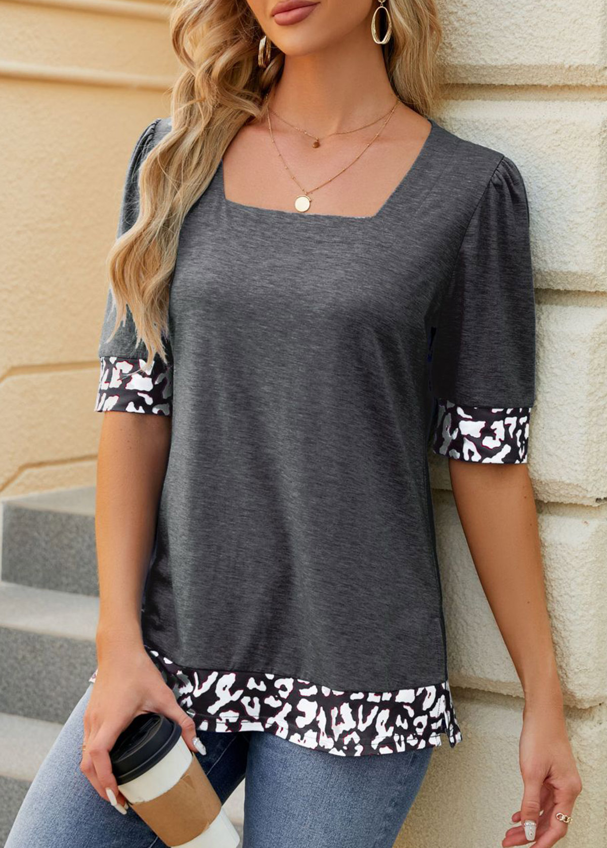 Leopard Split Dark Grey Short Sleeve T Shirt