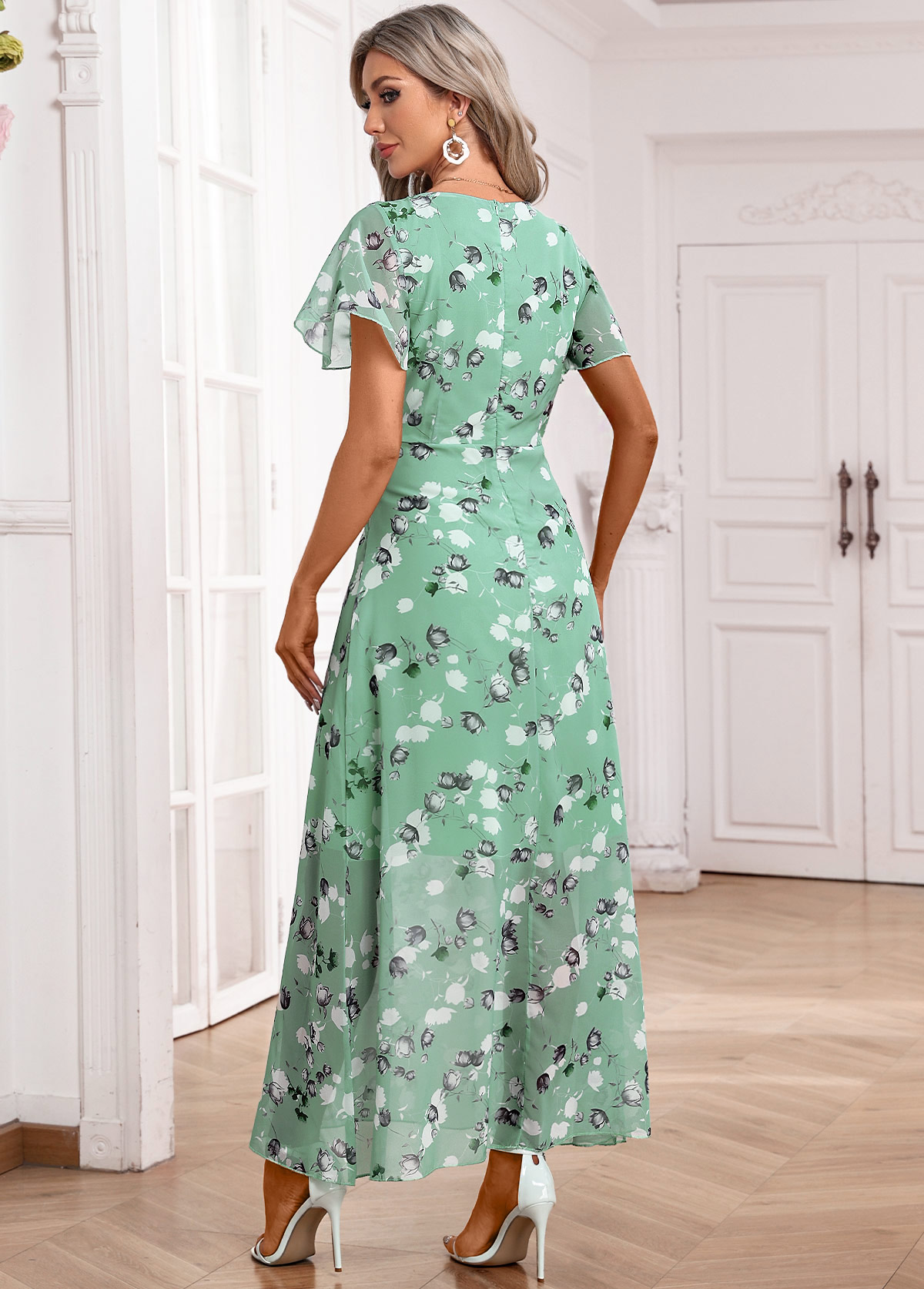 Floral Print Zipper Belted Light Green Maxi Dress