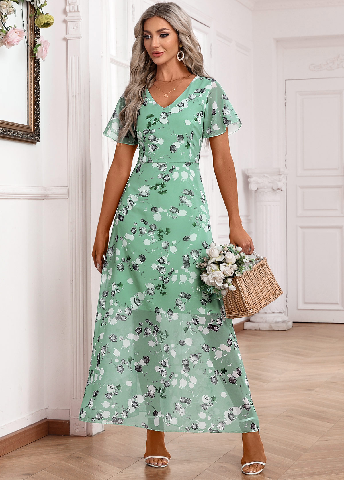Floral Print Zipper Belted Light Green Maxi Dress