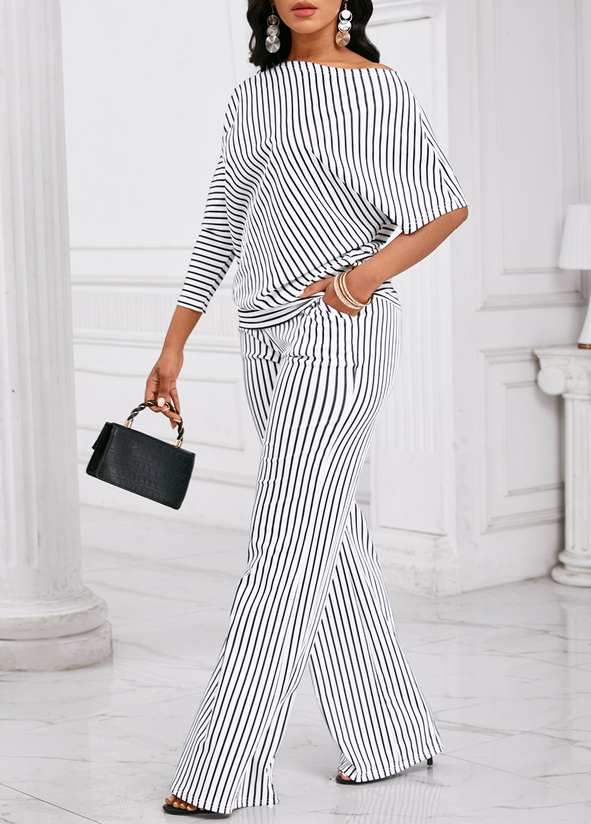 Striped Asymmetry Black Long Off Shoulder Top and Pants
