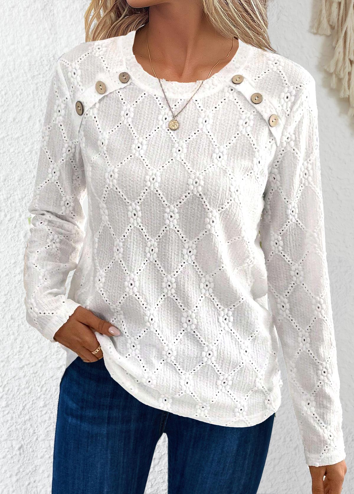 Button White Long Sleeve Round Neck T Shirt