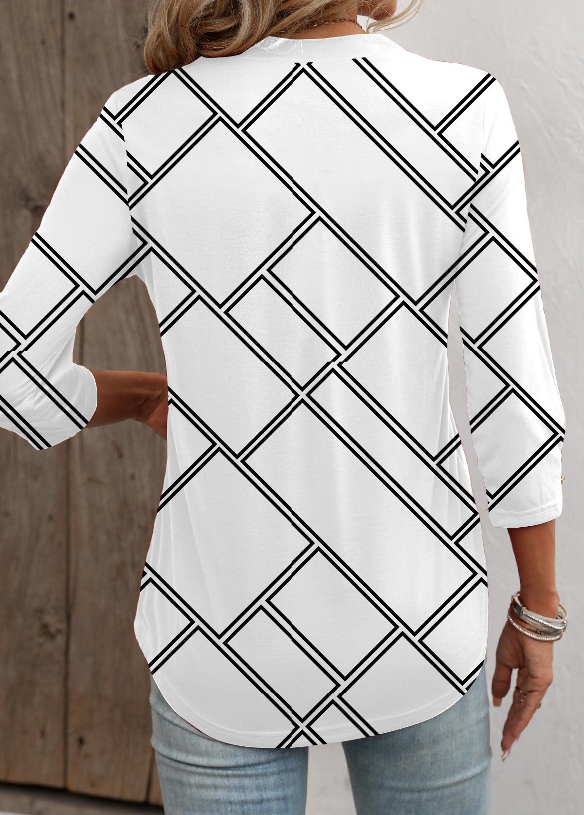Geometric Print Button White Long Sleeve T Shirt