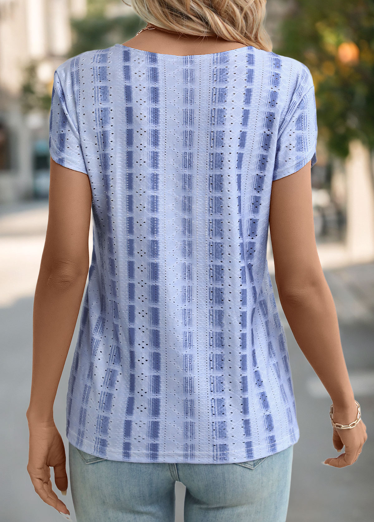 Geometric Print Patchwork Blue Short Sleeve T Shirt