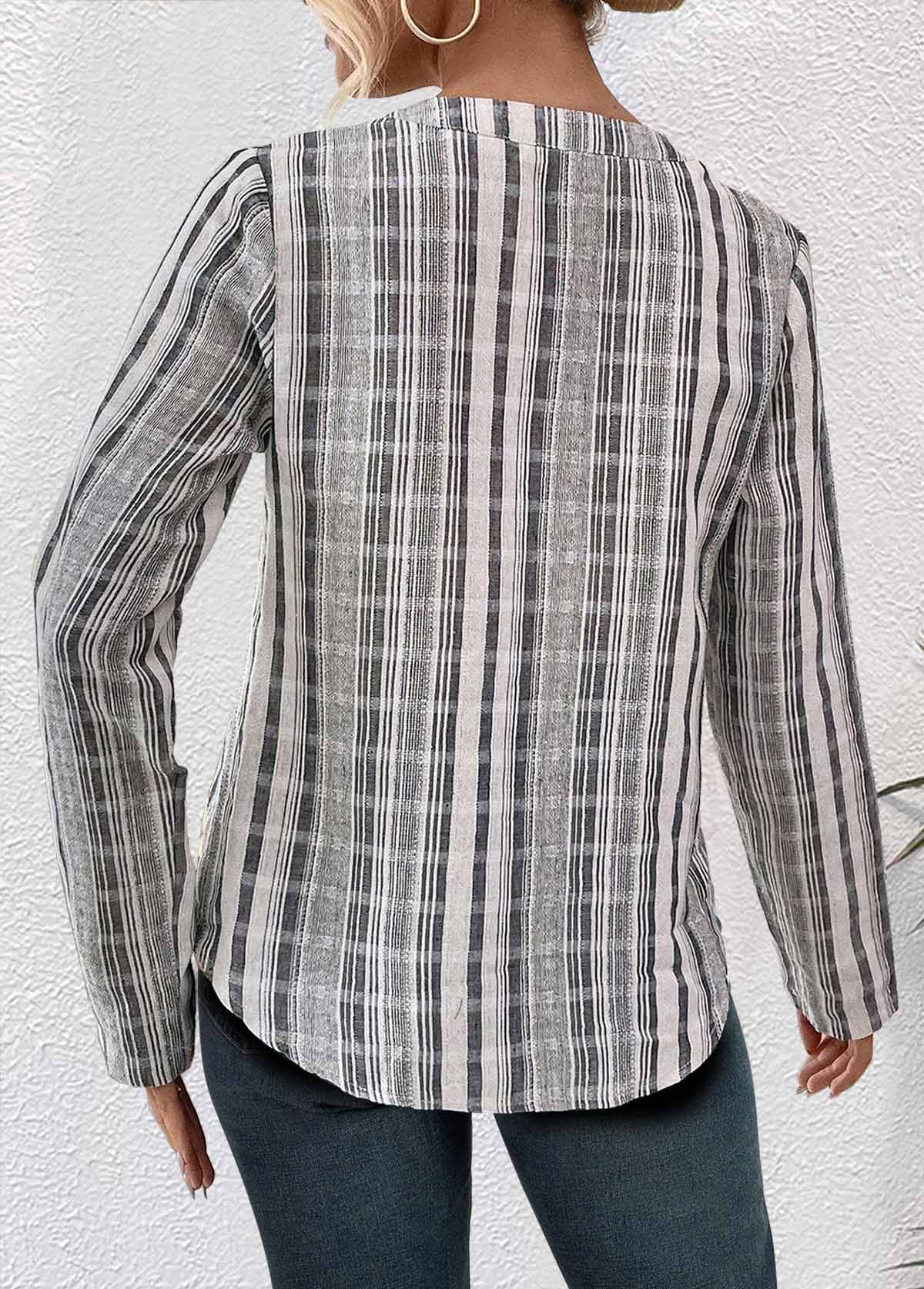 Striped Pocket Light Grey Long Sleeve Split Neck Blouse