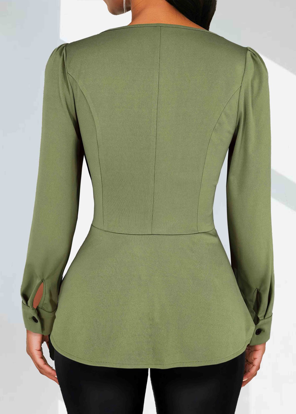 Ruched Sage Green Long Sleeve Asymmetrical Neck Blouse