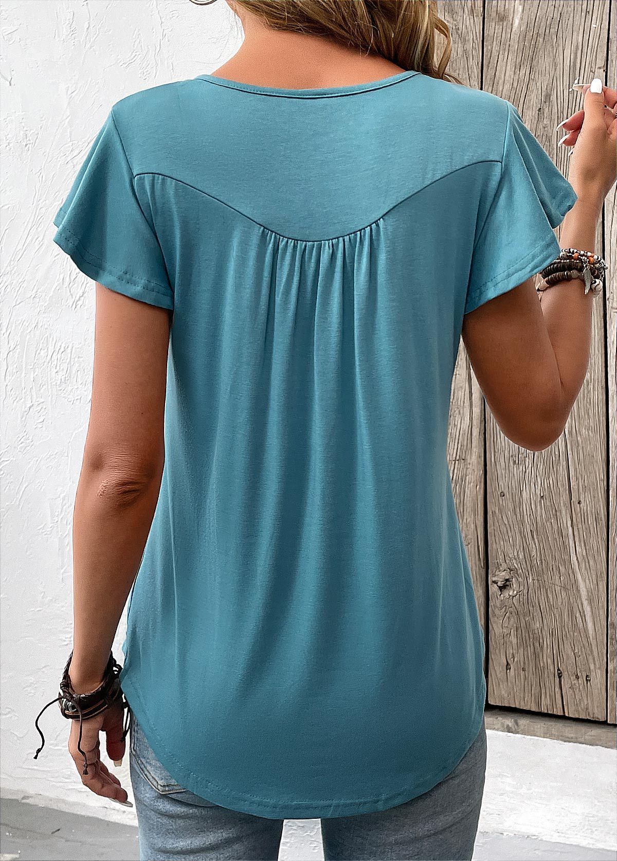 Button Turquoise Short Sleeve Scoop Neck T Shirt