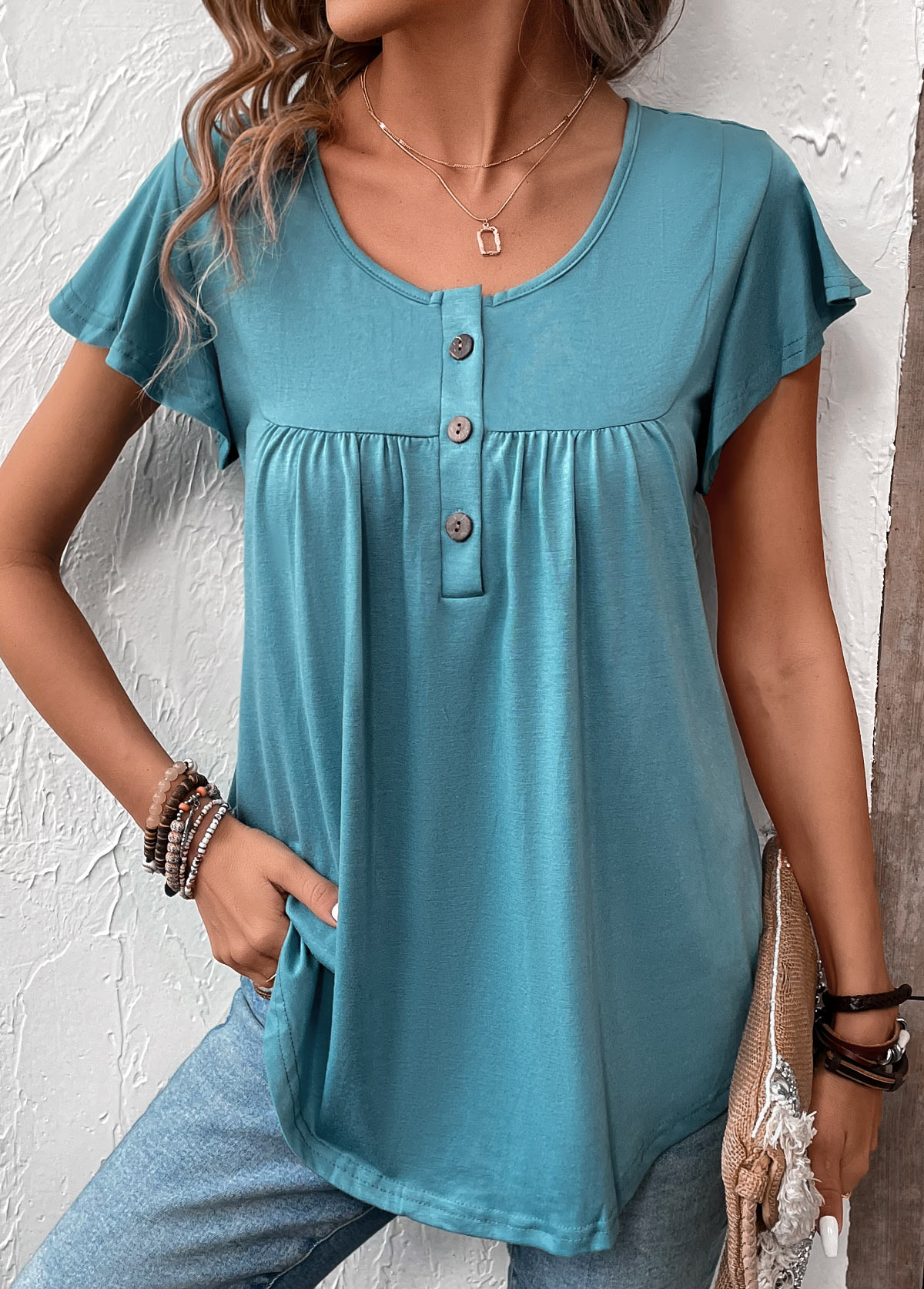 Button Turquoise Short Sleeve Scoop Neck T Shirt