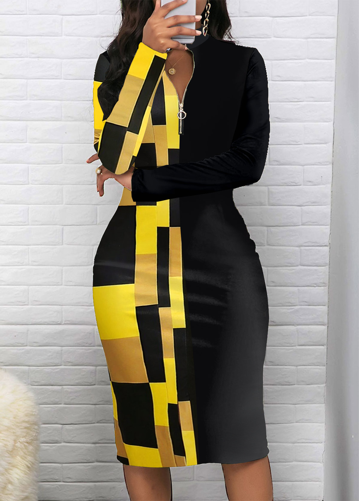 Geometric Print Patchwork Black Long Sleeve Bodycon Dress