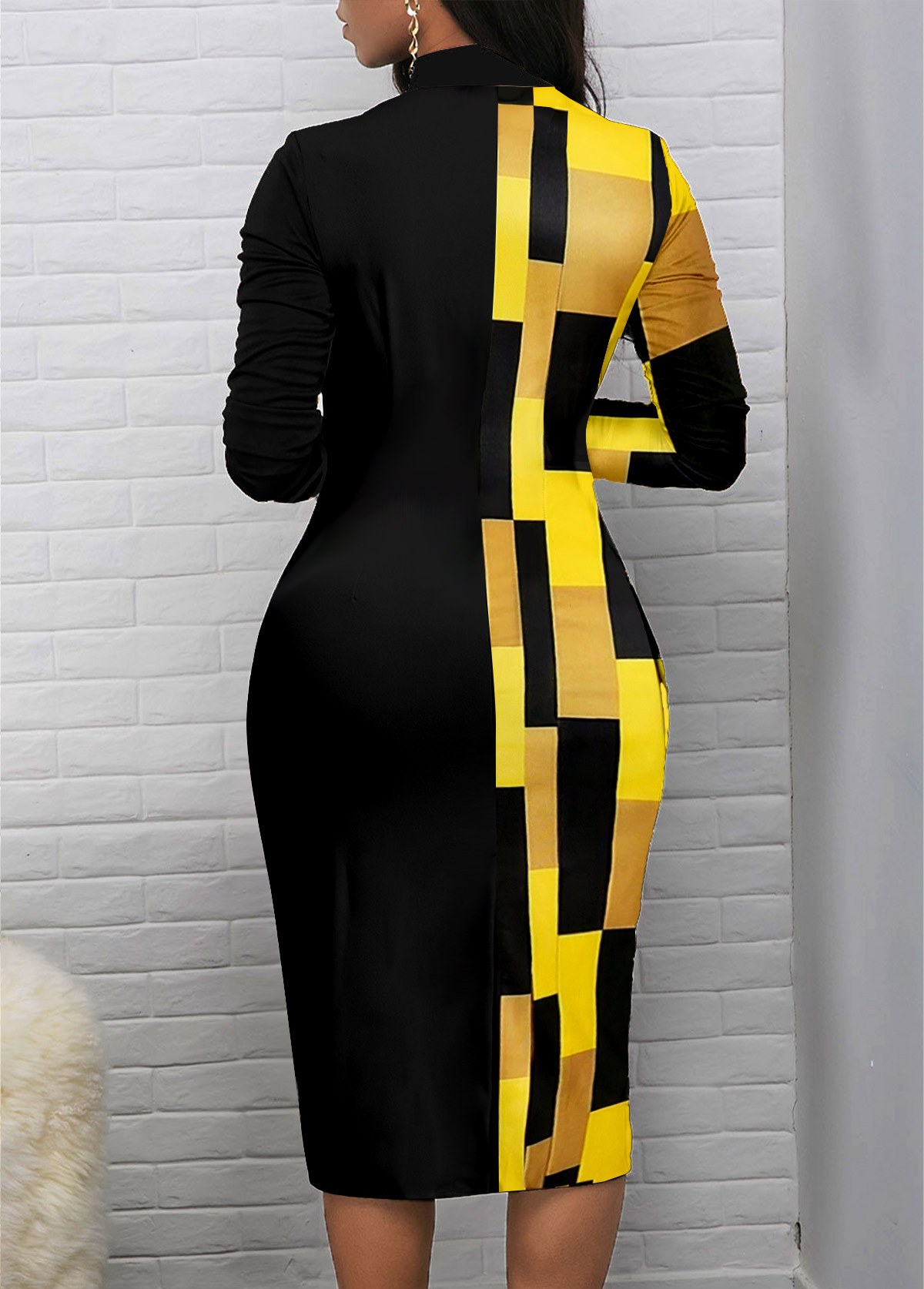 Geometric Print Patchwork Black Long Sleeve Bodycon Dress | Rosewe.com ...