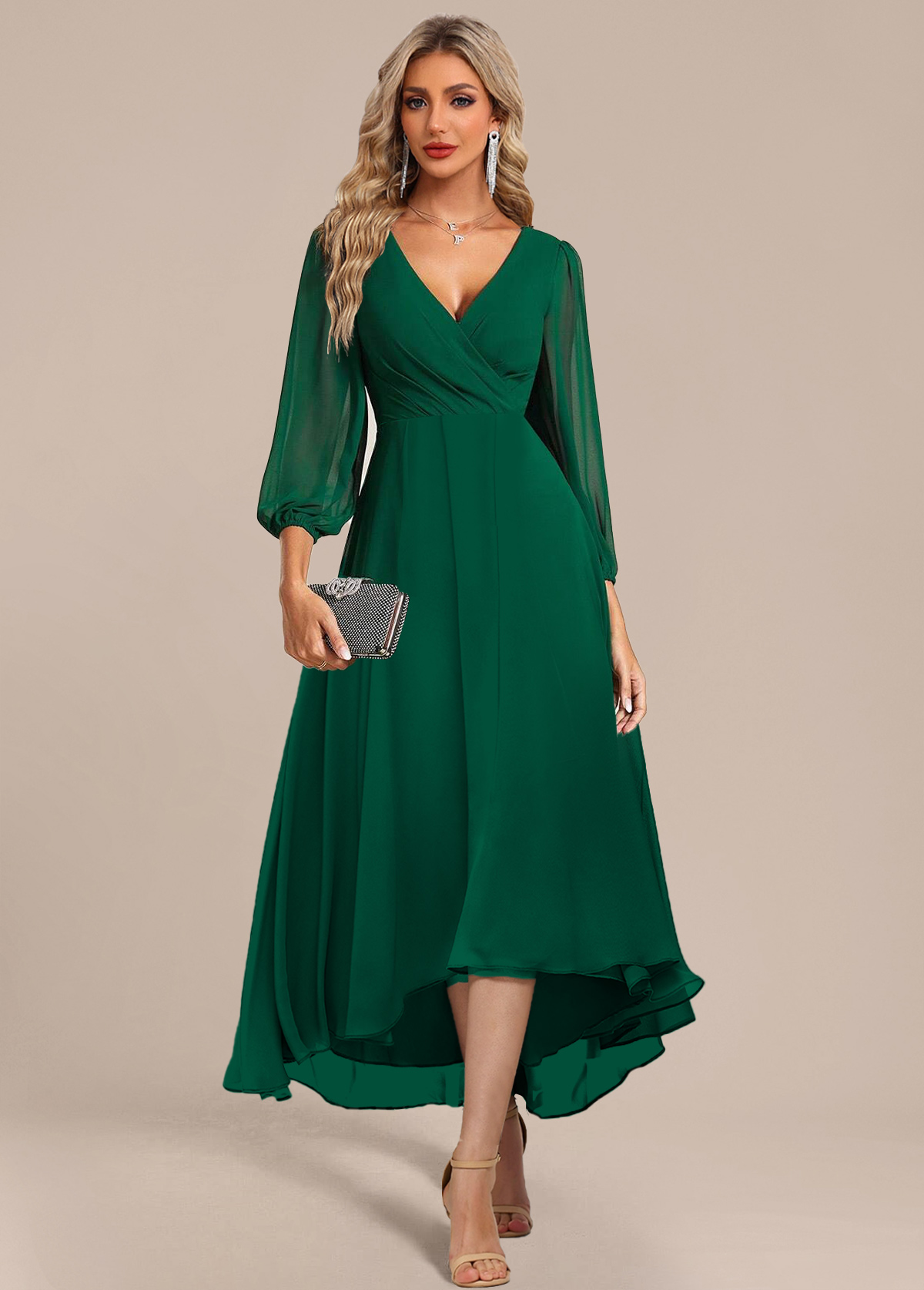 Surplice Green High Low Three Quarter Length Sleeve Dress | Rosewe.com ...