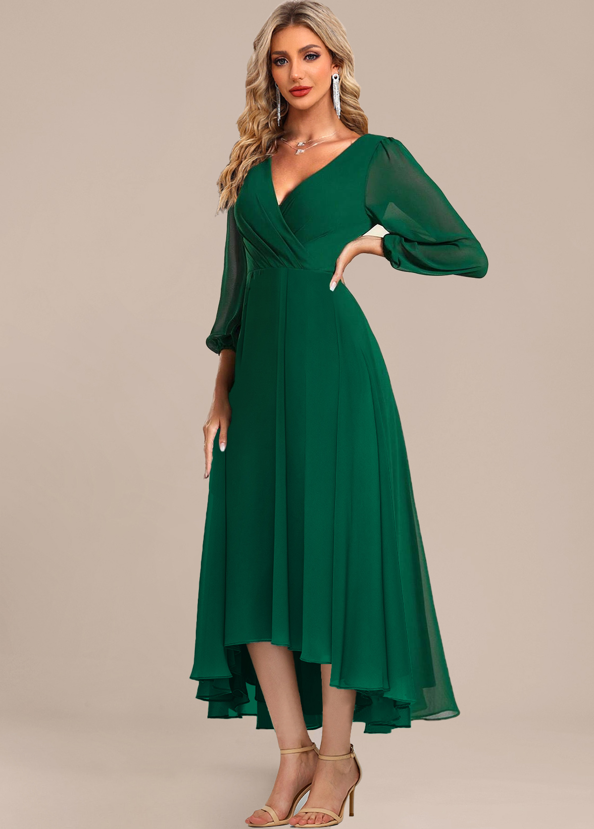 Surplice Green High Low Three Quarter Length Sleeve Dress