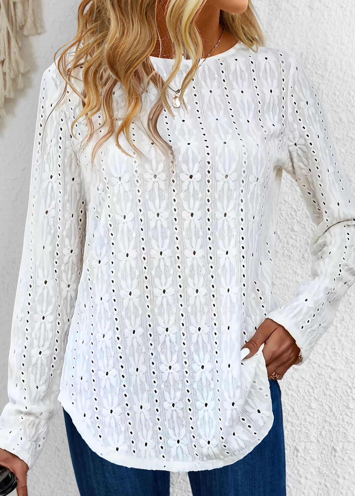 Button White Long Sleeve Round Neck T Shirt