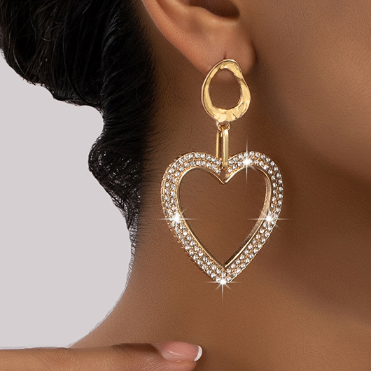 Gold Heart Rhinestone Detail Alloy Earrings