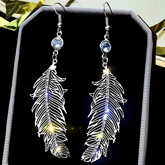 Feathers Rhinestone Silvery White Alloy Earrings
