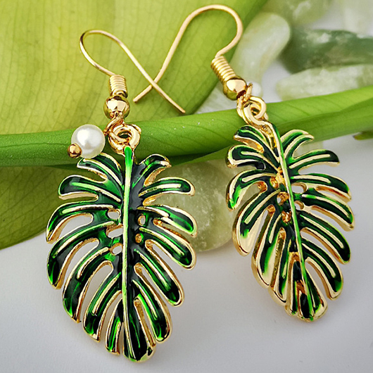 Leaves Pearl Green Leaf Metal Earrings