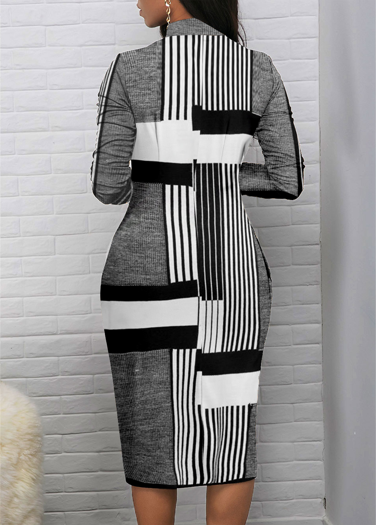 Striped Patchwork Light Grey Marl Stand Collar Dress