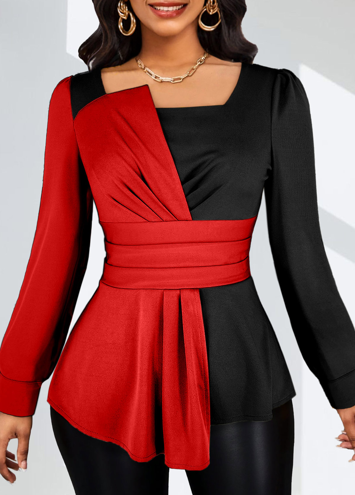Asymmetry Red Long Sleeve Square Neck Blouse
