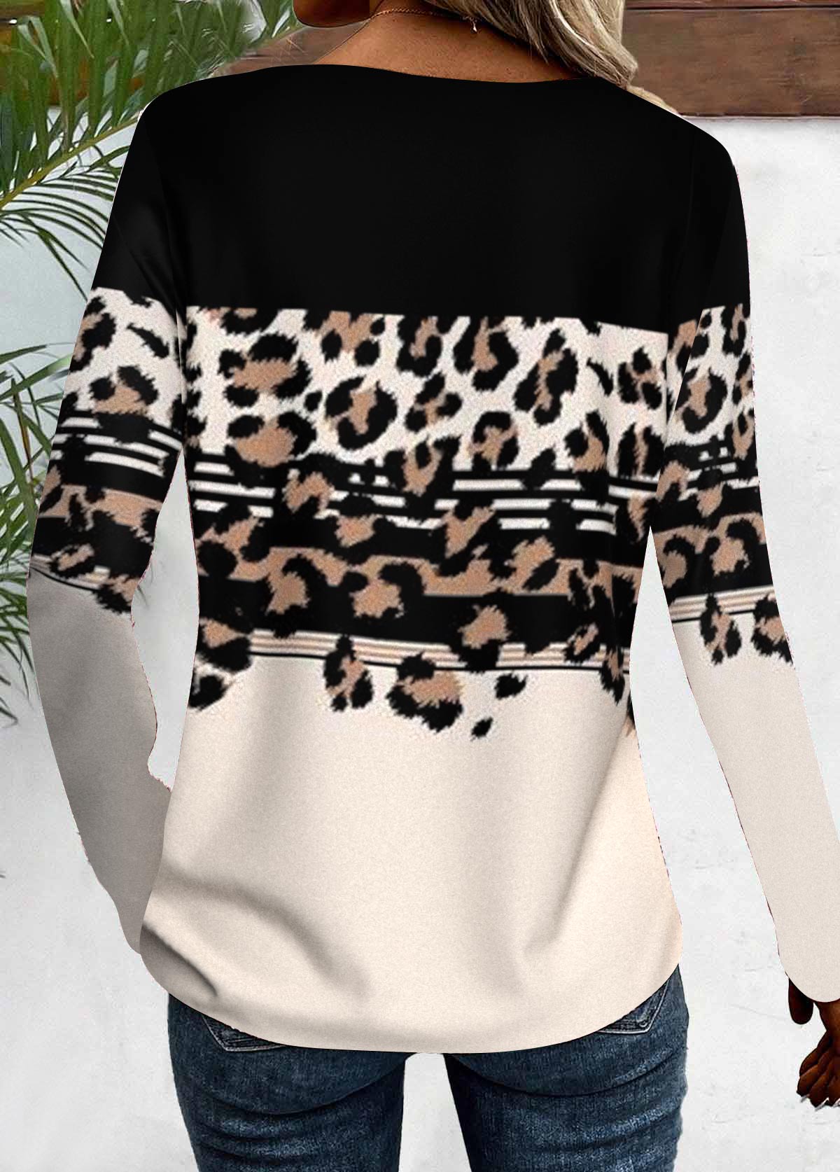 Leopard Patchwork Black Long Sleeve V Neck T Shirt