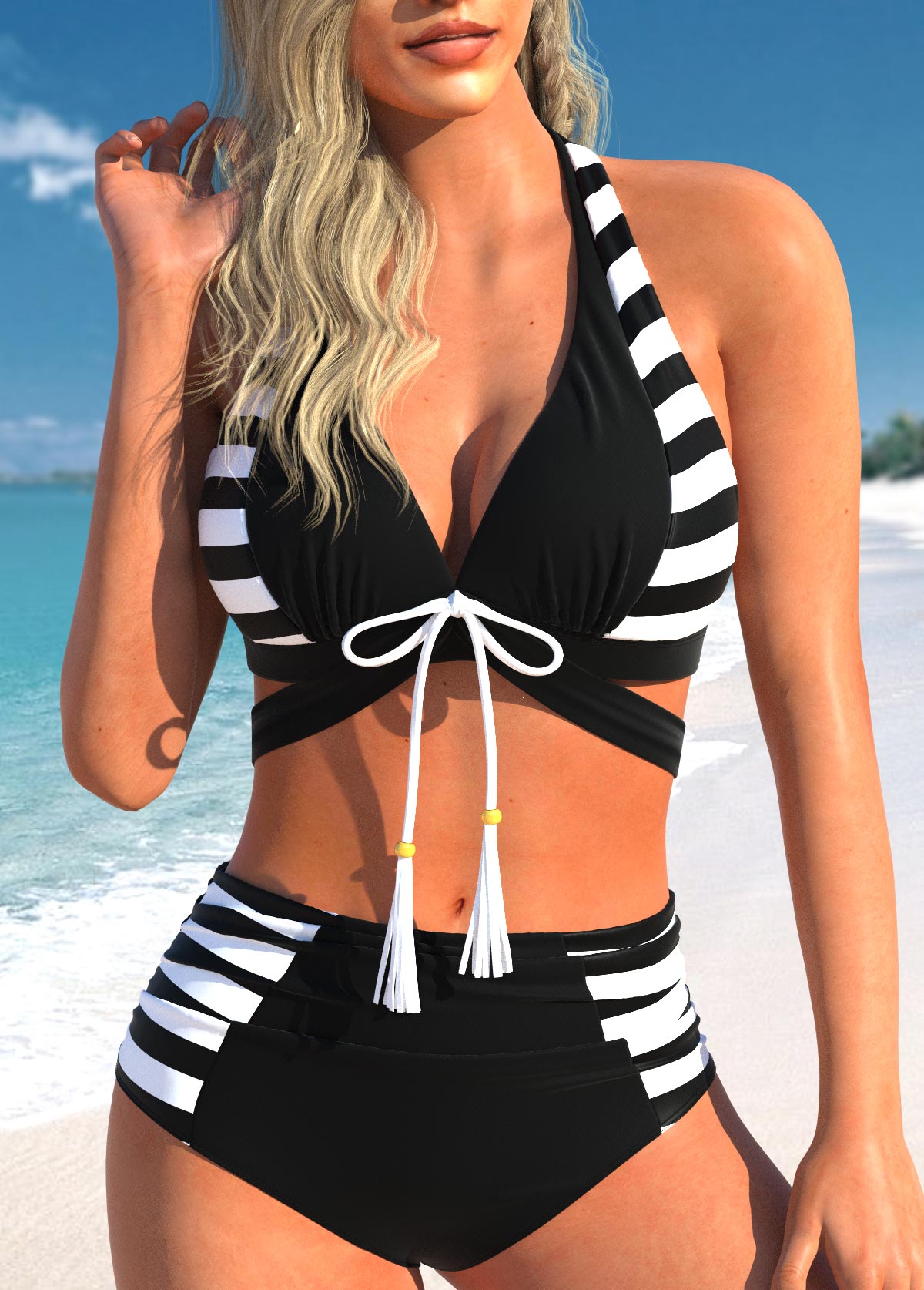 Cutout Striped Bowknot Black Bikini Set