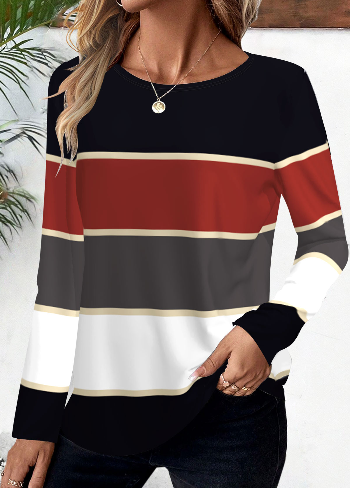 Striped Deep Red Long Sleeve Round Neck T Shirt