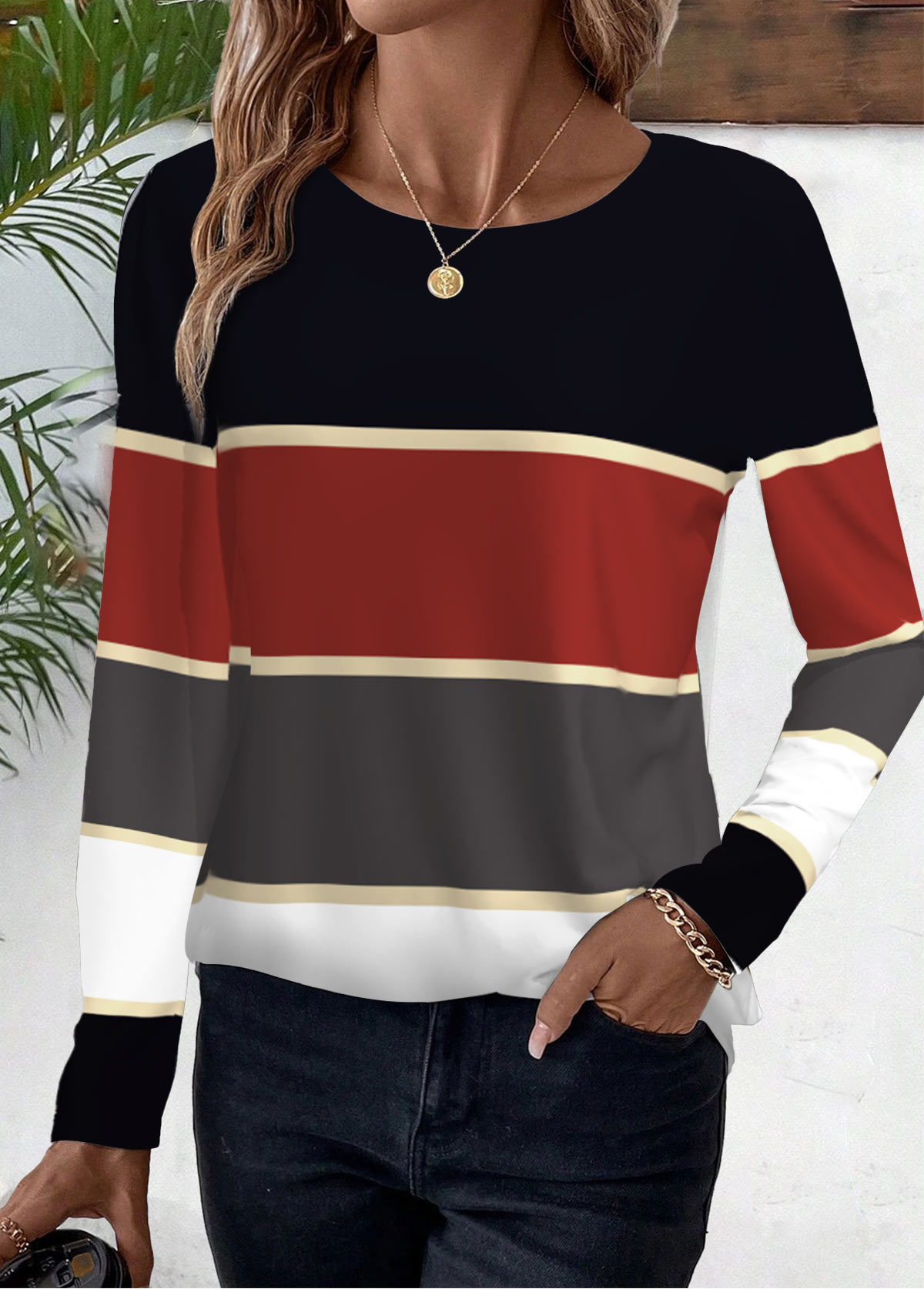 Striped Deep Red Long Sleeve Round Neck T Shirt