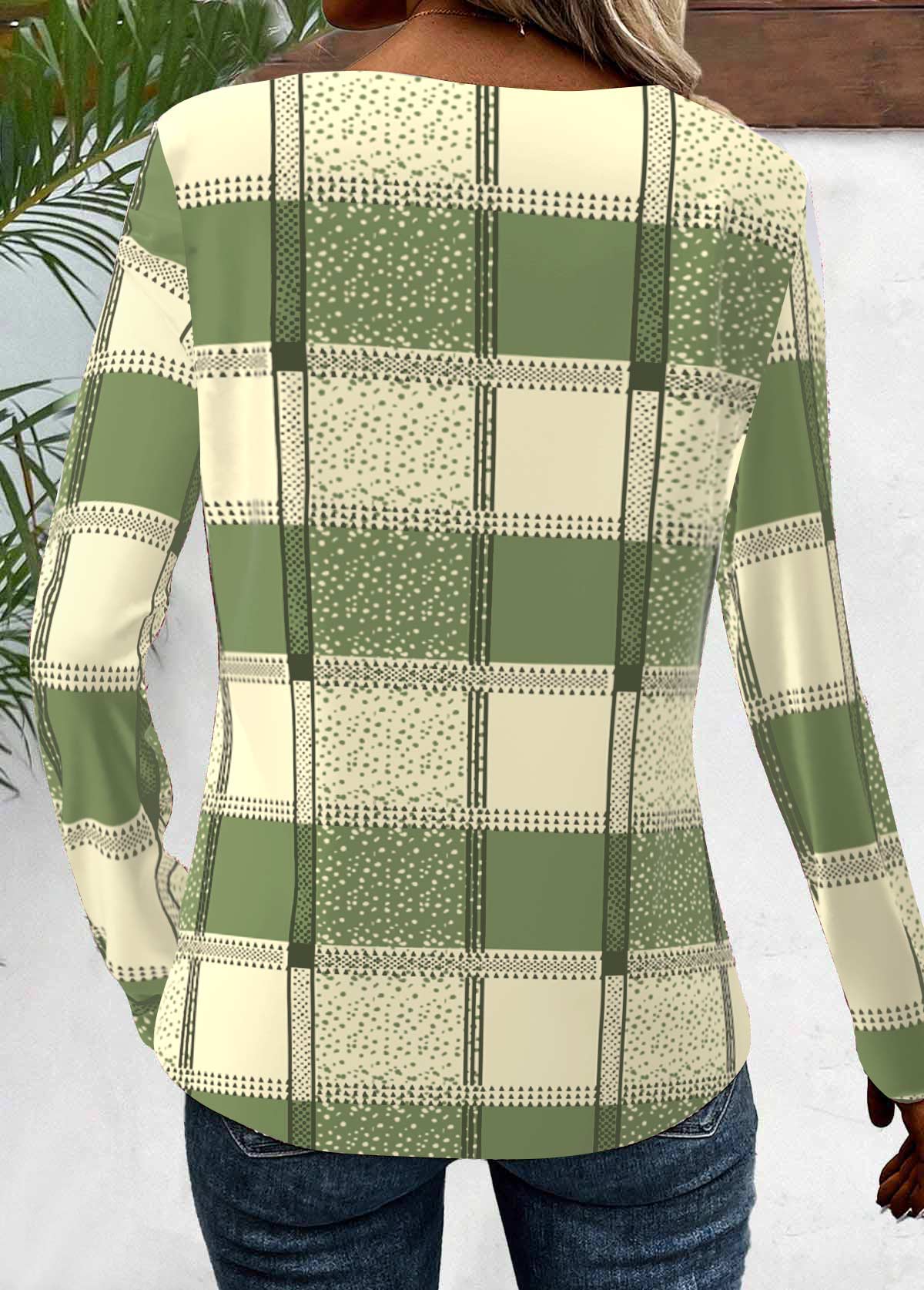 Plaid Button Sage Green Long Sleeve T Shirt