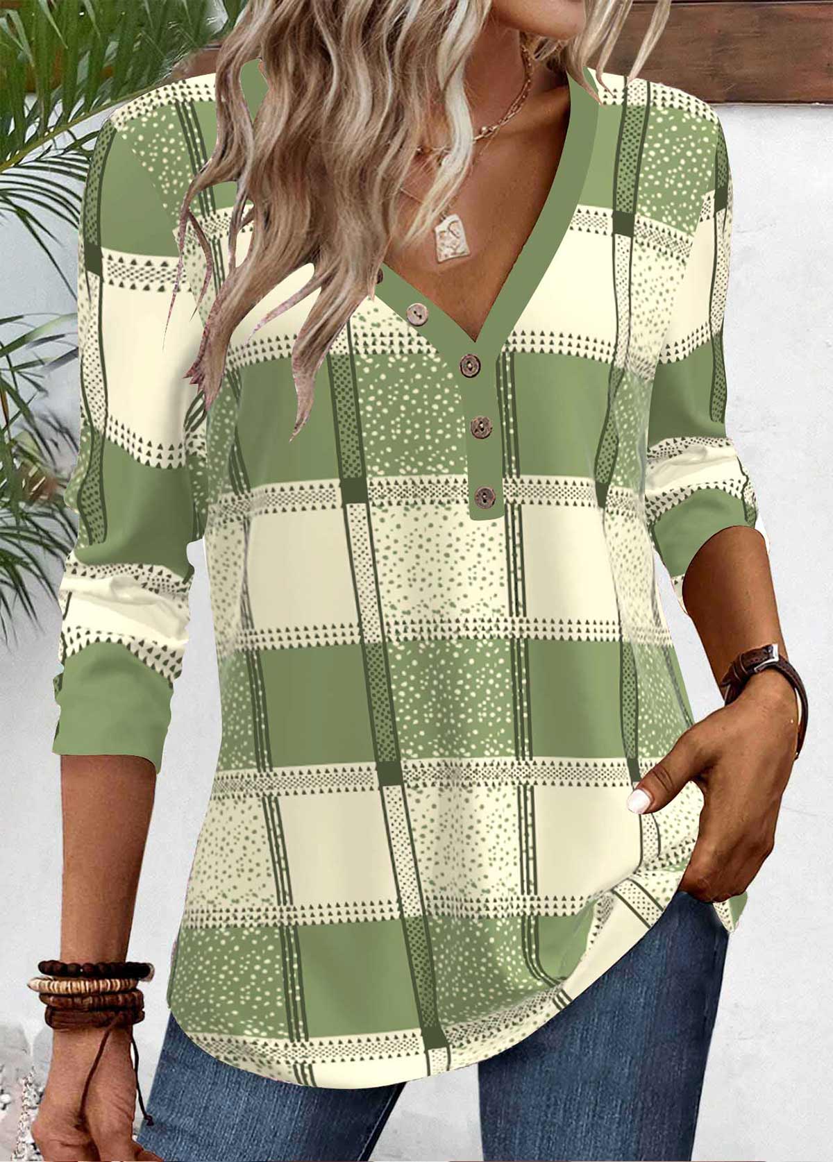 Plaid Button Sage Green Long Sleeve T Shirt