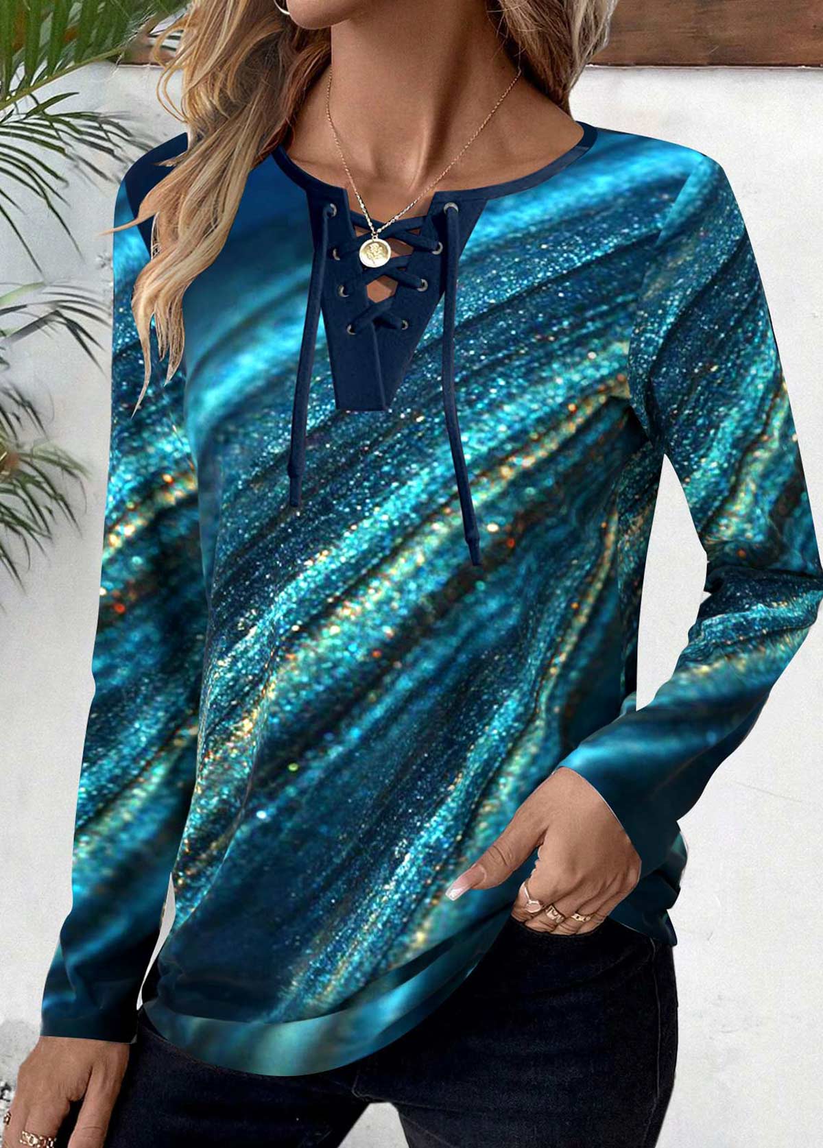 Ombre Lace Up Peacock Blue Long Sleeve T Shirt