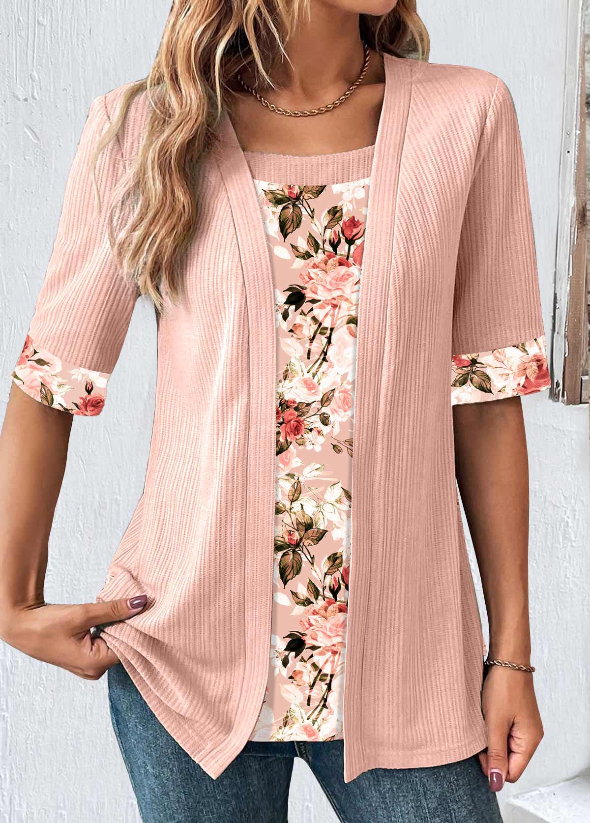 Random Floral Print Fake 2in1 Dusty Pink T Shirt