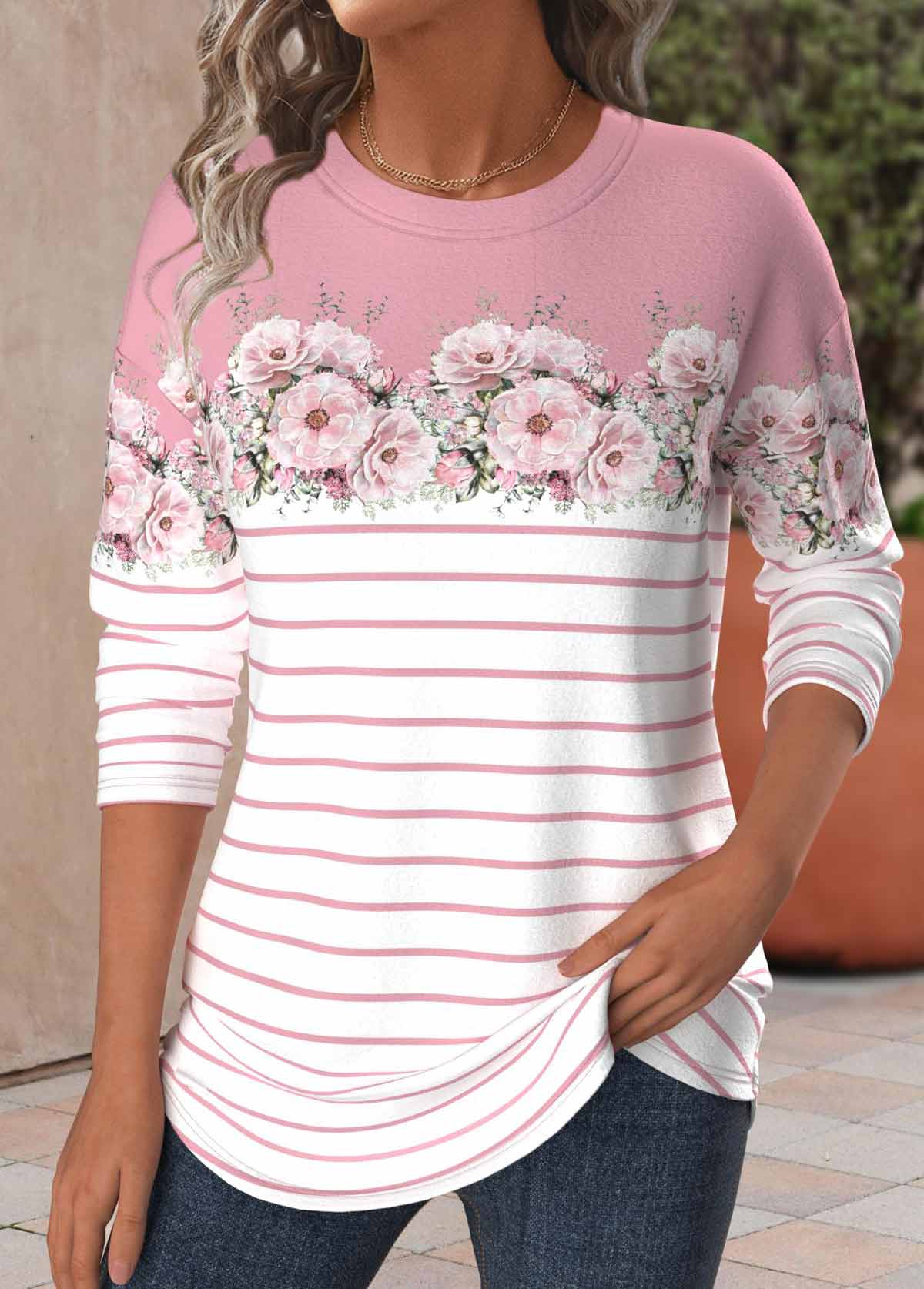 Floral Print Patchwork Pink Long Sleeve T Shirt